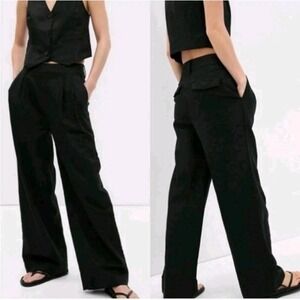 Gap Pleated Linen Pants Womens 16 Black Wide Leg Trousers Office Business Casual